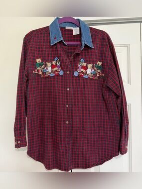 Bobbie Brooks Vintage Red Plaid Teddy Bear Holiday Button Down Blouse Size Med